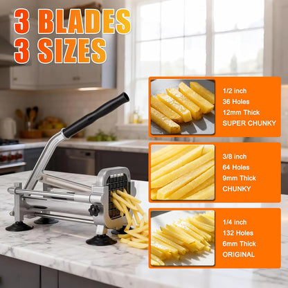 Manual French Fry Cutter for Potatoes with Interchangeable Blades, Handheld Stainless Steel Potato Slicer and Fries Cutter for Home and Commercial Use (1/2'' & 3/8'' Blade)