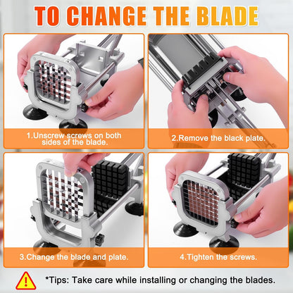 Manual French Fry Cutter for Potatoes with Interchangeable Blades, Handheld Stainless Steel Potato Slicer and Fries Cutter for Home and Commercial Use (1/2'' & 3/8'' Blade)