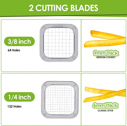 Manual French Fry Cutter for Potatoes with Interchangeable Blades, Handheld Stainless Steel Potato Slicer and Fries Cutter for Home and Commercial Use (1/2'' & 3/8'' Blade)