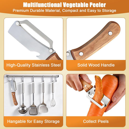2PCS Multifunctional Vegetable Peeler for Kitchen,2-in-1 Stainless Steel Peeler Kitchen Tool with Wooden Handle and Bottle Opener for Fruit Apple Potato Pumpkin Papaya