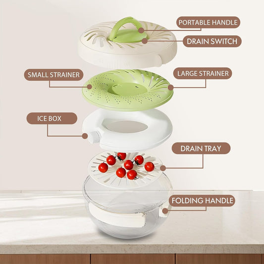 Upgraded Fruit Washing Bowl with Strainer,BPA-Free Drain Basket for Lid & Ice Compartment,Multifunctional Fruit Washer,Foldable Handle Strainer and Colander for Fridge Storage or Picnic Camping(1 QT)