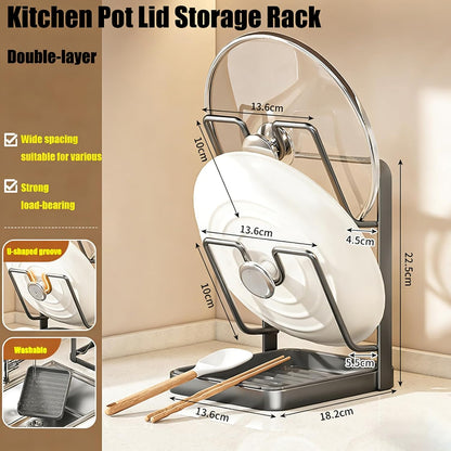 Pot Lid Organizer Rack, Stainless Steel Kitchen Pot Lid Holder | Storage Rack with Drip Tray & Spoon Rest for Countertop Stove Cooking (Gray)