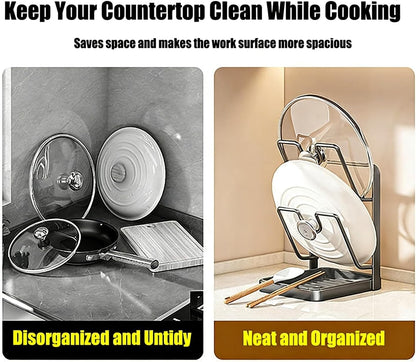 Pot Lid Organizer Rack, Stainless Steel Kitchen Pot Lid Holder | Storage Rack with Drip Tray & Spoon Rest for Countertop Stove Cooking (Gray)