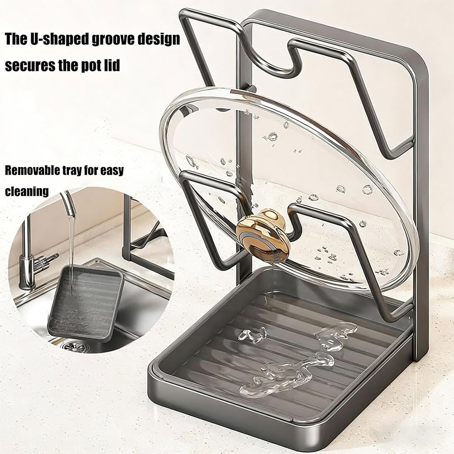 Pot Lid Organizer Rack, Stainless Steel Kitchen Pot Lid Holder | Storage Rack with Drip Tray & Spoon Rest for Countertop Stove Cooking (Gray)