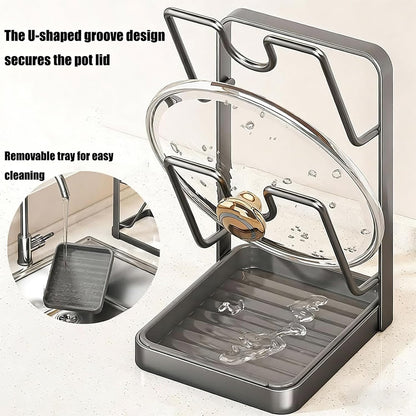 Pot Lid Organizer Rack, Stainless Steel Kitchen Pot Lid Holder | Storage Rack with Drip Tray & Spoon Rest for Countertop Stove Cooking (Gray)