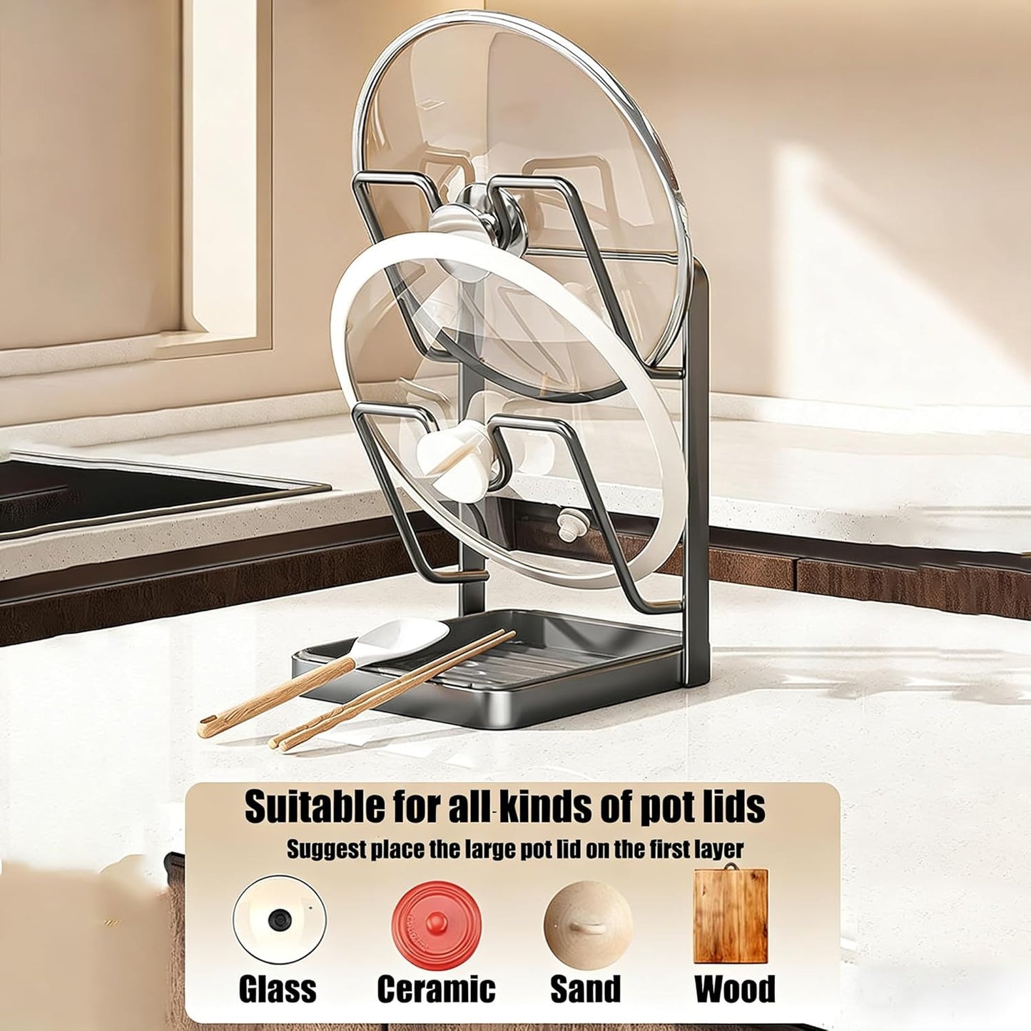Pot Lid Organizer Rack, Stainless Steel Kitchen Pot Lid Holder | Storage Rack with Drip Tray & Spoon Rest for Countertop Stove Cooking (Gray)
