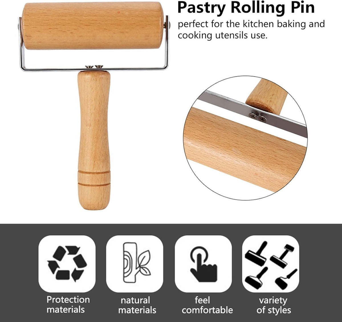 Small Rolling Pin, Wooden Dough Roller, Non-Stick Pizza Roller, T Type Rolling Pins for Kitchen Baking, Pizza Dough Press, 12 x 16.5 cm