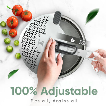 Kitchen Strainer & Pot Drainer Clip-On Stainless Steel Colander for Pots & Pans (6.5-9.5 in / 16-24 cm) | Universal Fit Pasta & Noodle Strainer | Hands-Free Swiss Design, Dishwasher-Safe
