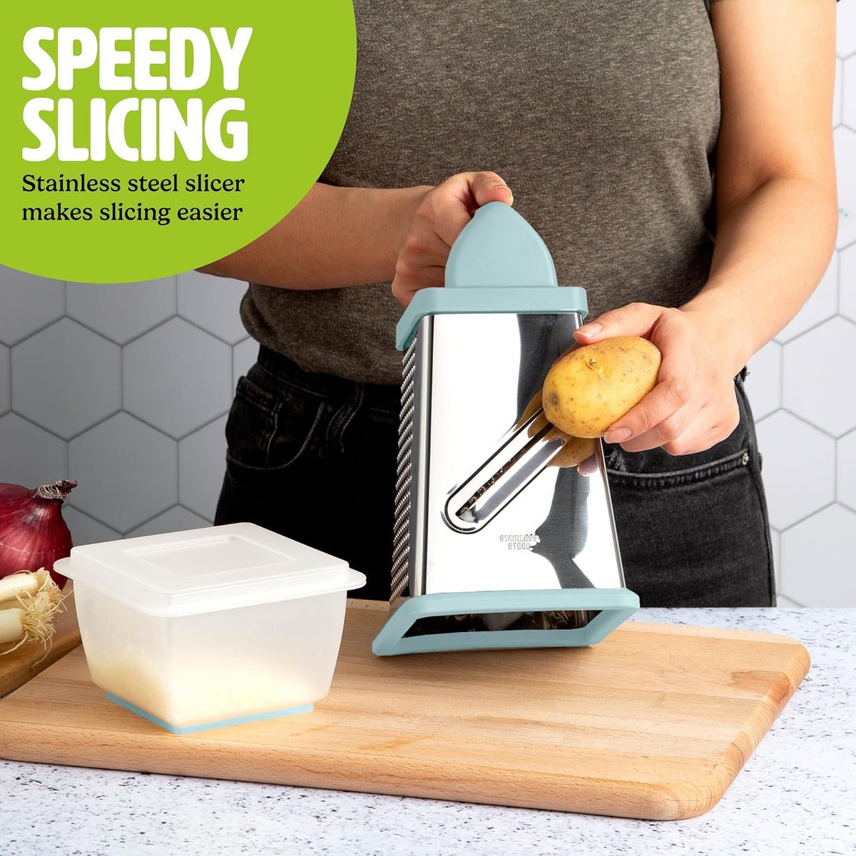 Box Grater with Storage Container & Lid, Multi-Sided Stainless Steel Grater for Fine, Medium, Coarse Shreds & Slicing, Non-Slip Base, Dishwasher Safe, Aqua