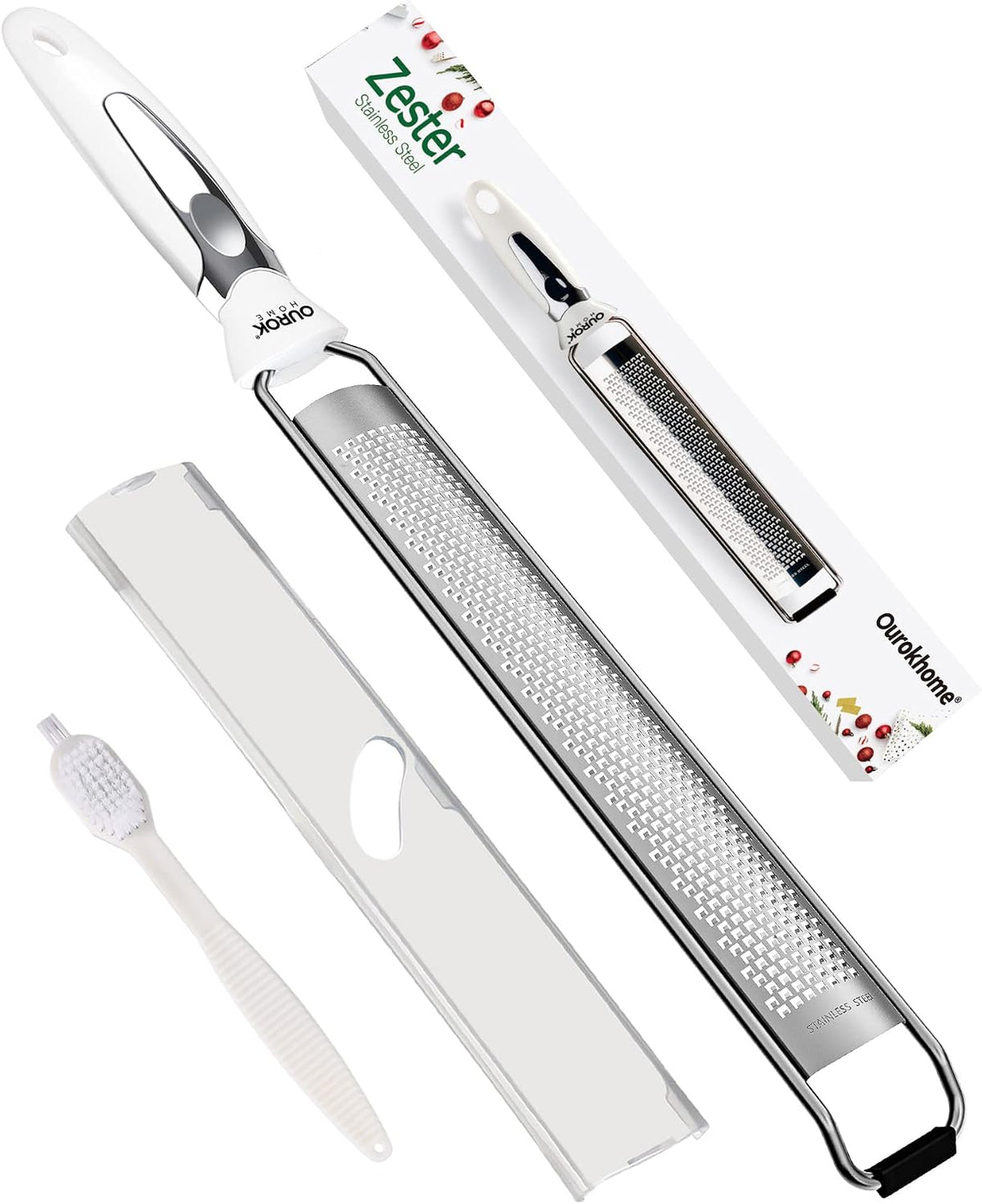 Kitchen Lemon Zester, Stainless Steel Hand Held Parmesan Cheese Grater for Ginger, Chocolate, Coconut, Lime, Nutmeg, Citrus, Fruit, Vegetable with Cleaning Brush, Dishwasher safe, White