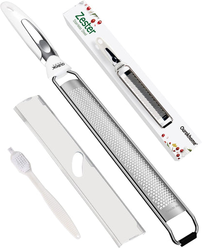 Kitchen Lemon Zester, Stainless Steel Hand Held Parmesan Cheese Grater for Ginger, Chocolate, Coconut, Lime, Nutmeg, Citrus, Fruit, Vegetable with Cleaning Brush, Dishwasher safe, White