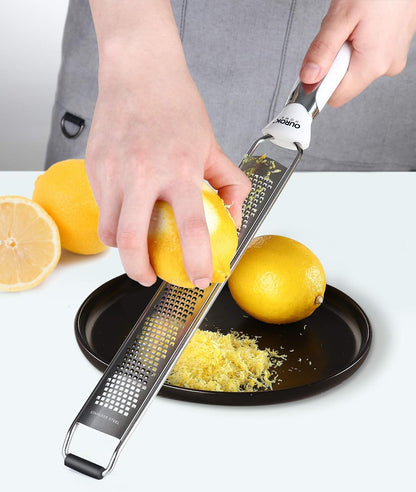 Kitchen Lemon Zester, Stainless Steel Hand Held Parmesan Cheese Grater for Ginger, Chocolate, Coconut, Lime, Nutmeg, Citrus, Fruit, Vegetable with Cleaning Brush, Dishwasher safe, White