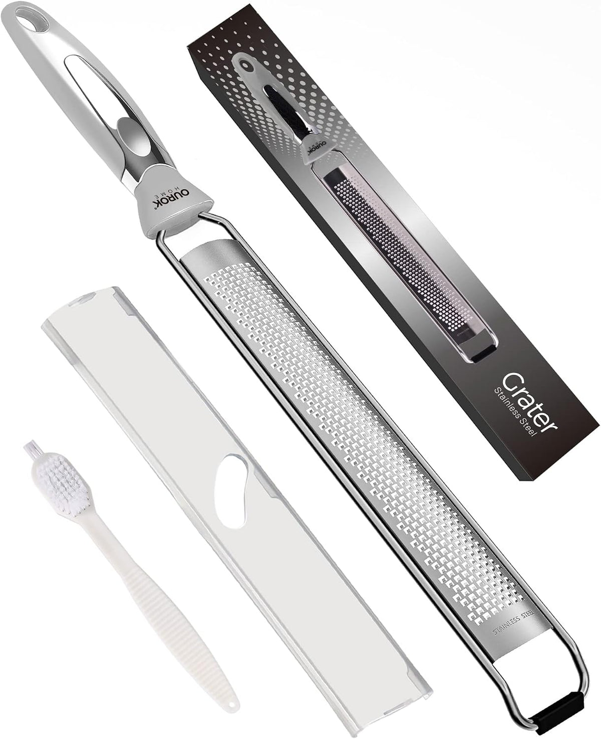 Kitchen Lemon Zester, Stainless Steel Hand Held Parmesan Cheese Grater for Ginger, Chocolate, Coconut, Lime, Nutmeg, Citrus, Fruit, Vegetable with Cleaning Brush, Dishwasher safe, White