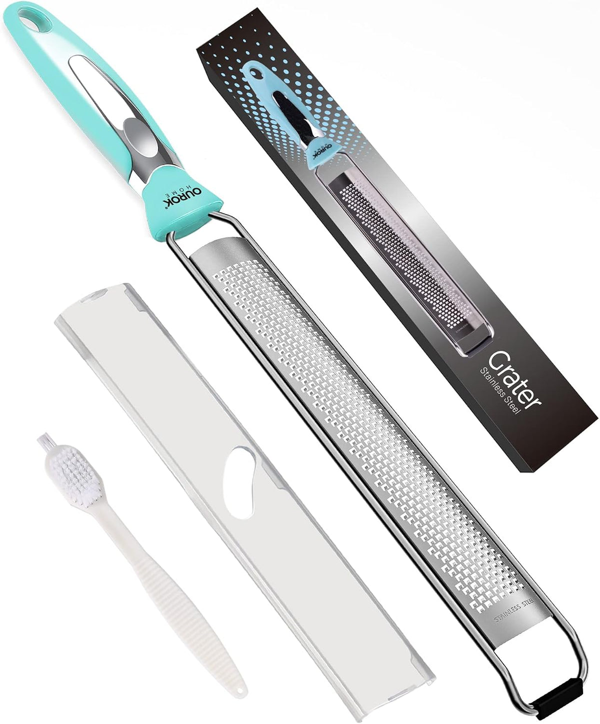 Kitchen Lemon Zester, Stainless Steel Hand Held Parmesan Cheese Grater for Ginger, Chocolate, Coconut, Lime, Nutmeg, Citrus, Fruit, Vegetable with Cleaning Brush, Dishwasher safe, White