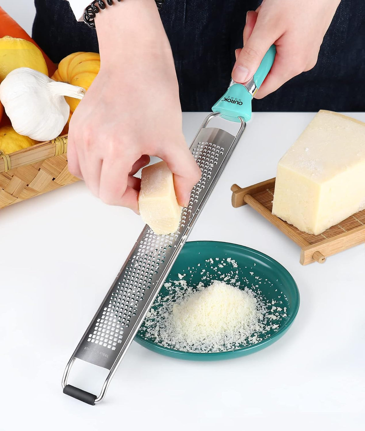 Kitchen Lemon Zester, Stainless Steel Hand Held Parmesan Cheese Grater for Ginger, Chocolate, Coconut, Lime, Nutmeg, Citrus, Fruit, Vegetable with Cleaning Brush, Dishwasher safe, White