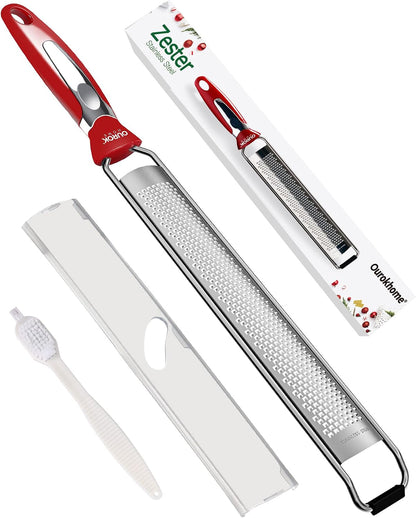 Kitchen Lemon Zester, Stainless Steel Hand Held Parmesan Cheese Grater for Ginger, Chocolate, Coconut, Lime, Nutmeg, Citrus, Fruit, Vegetable with Cleaning Brush, Dishwasher safe, White
