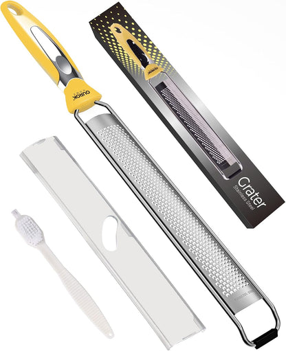 Kitchen Lemon Zester, Stainless Steel Hand Held Parmesan Cheese Grater for Ginger, Chocolate, Coconut, Lime, Nutmeg, Citrus, Fruit, Vegetable with Cleaning Brush, Dishwasher safe, White