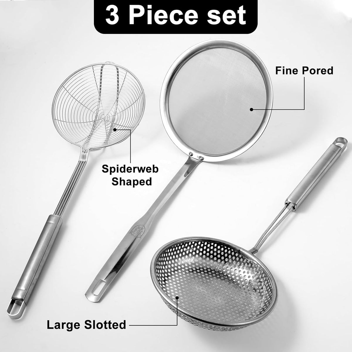 Spider Strainer & Skimmer Spoon Set, 3-Piece Stainless Steel Ladle Metal Wire Sieve Large Holes Slotted Colander Fryer Scoop Fine Mesh Strainers with Long Handle, Food Sifter for Kitchen Cooking