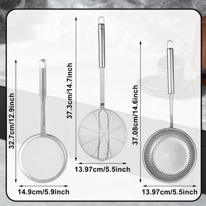Spider Strainer & Skimmer Spoon Set, 3-Piece Stainless Steel Ladle Metal Wire Sieve Large Holes Slotted Colander Fryer Scoop Fine Mesh Strainers with Long Handle, Food Sifter for Kitchen Cooking