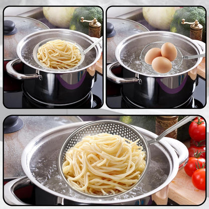 Spider Strainer & Skimmer Spoon Set, 3-Piece Stainless Steel Ladle Metal Wire Sieve Large Holes Slotted Colander Fryer Scoop Fine Mesh Strainers with Long Handle, Food Sifter for Kitchen Cooking