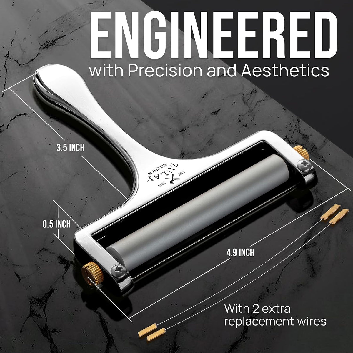 Stainless Steel Wire Cheese Slicer - Adjustable Hand Held Cheese Cutter with 2 Extra Wires - Premium Cheese Knife for Mozzarella, Cheddar, Gruyere - Cheese Cutter with Wire (Silver)
