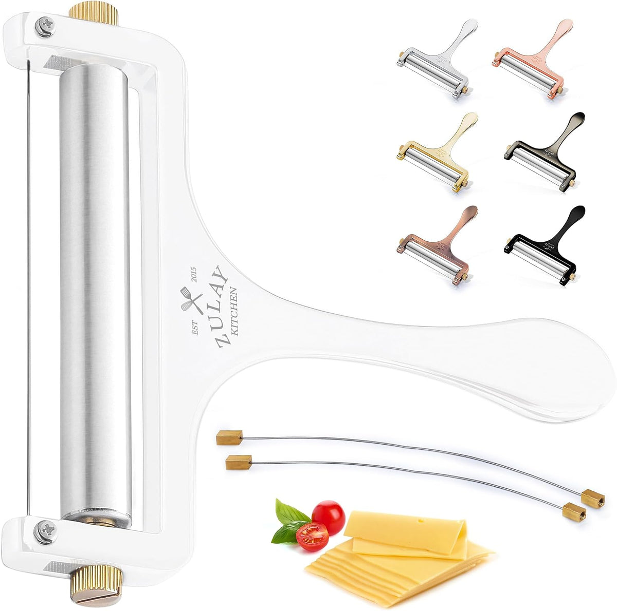Stainless Steel Wire Cheese Slicer - Adjustable Hand Held Cheese Cutter with 2 Extra Wires - Premium Cheese Knife for Mozzarella, Cheddar, Gruyere - Cheese Cutter with Wire (Silver)