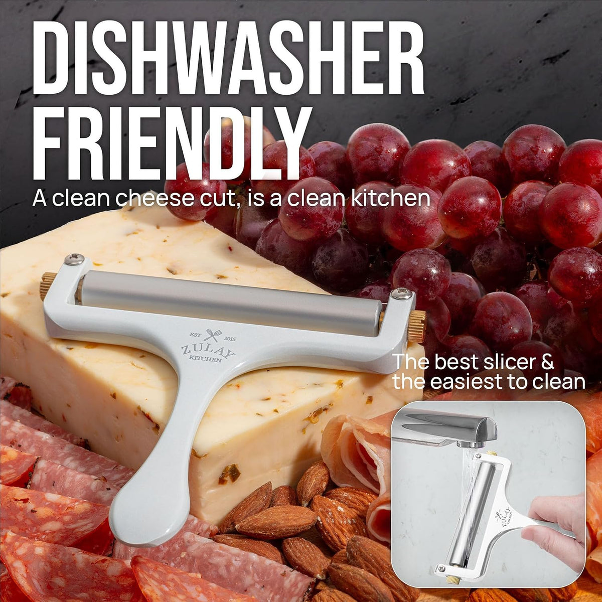 Stainless Steel Wire Cheese Slicer - Adjustable Hand Held Cheese Cutter with 2 Extra Wires - Premium Cheese Knife for Mozzarella, Cheddar, Gruyere - Cheese Cutter with Wire (Silver)
