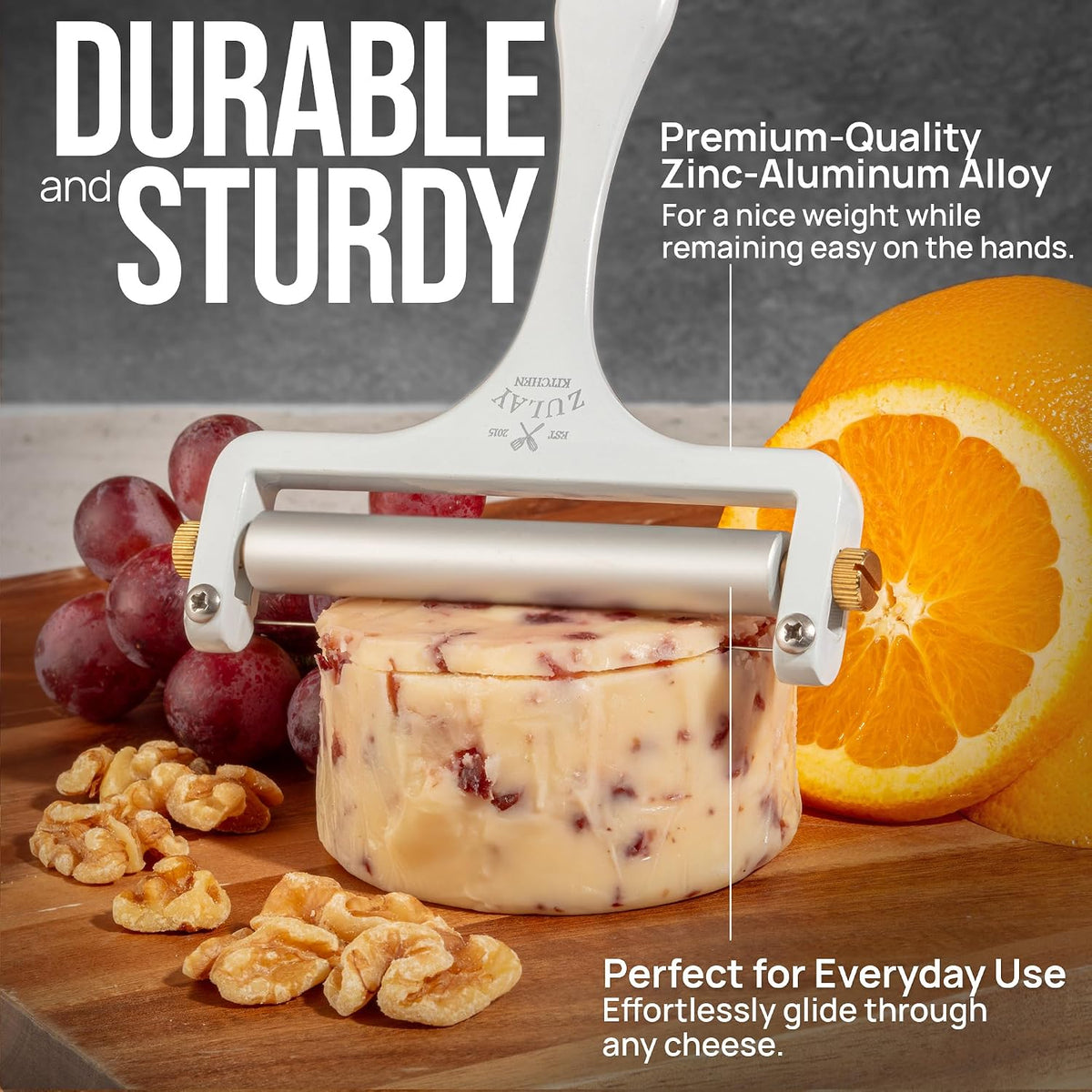 Stainless Steel Wire Cheese Slicer - Adjustable Hand Held Cheese Cutter with 2 Extra Wires - Premium Cheese Knife for Mozzarella, Cheddar, Gruyere - Cheese Cutter with Wire (Silver)