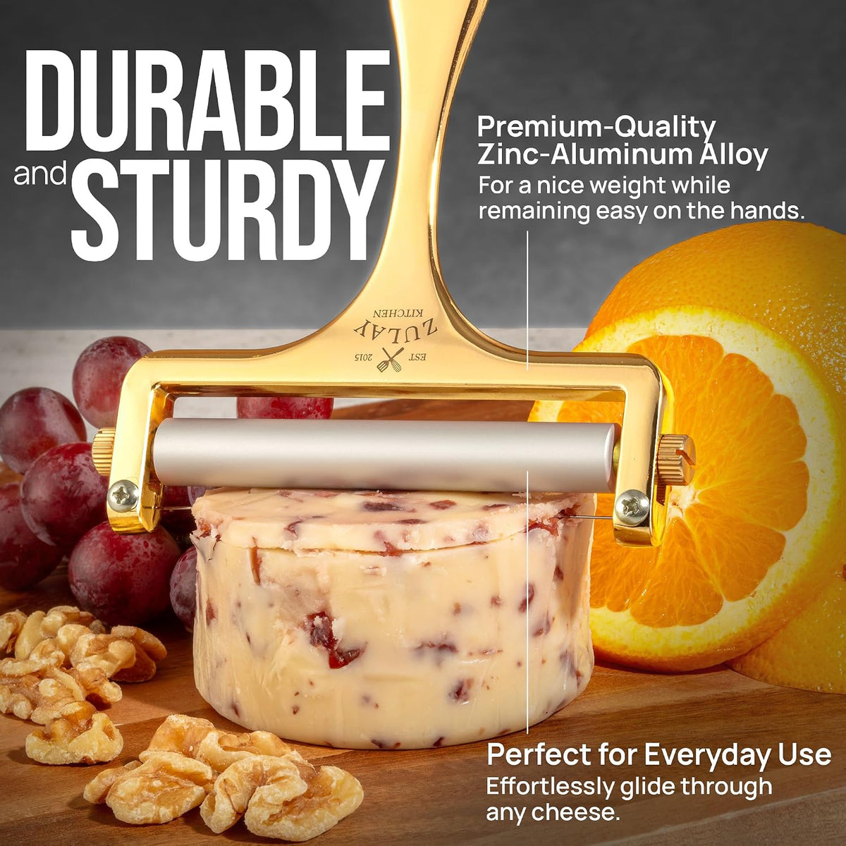 Stainless Steel Wire Cheese Slicer - Adjustable Hand Held Cheese Cutter with 2 Extra Wires - Premium Cheese Knife for Mozzarella, Cheddar, Gruyere - Cheese Cutter with Wire (Silver)