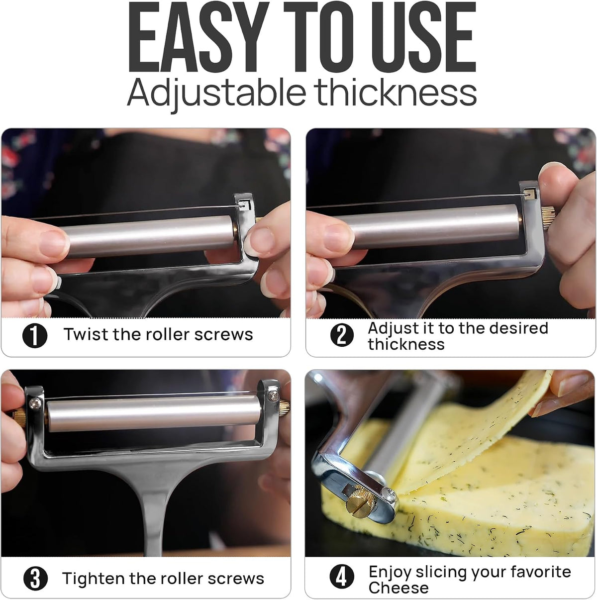 Stainless Steel Wire Cheese Slicer - Adjustable Hand Held Cheese Cutter with 2 Extra Wires - Premium Cheese Knife for Mozzarella, Cheddar, Gruyere - Cheese Cutter with Wire (Silver)
