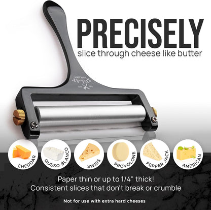 Stainless Steel Wire Cheese Slicer - Adjustable Hand Held Cheese Cutter with 2 Extra Wires - Premium Cheese Knife for Mozzarella, Cheddar, Gruyere - Cheese Cutter with Wire (Silver)