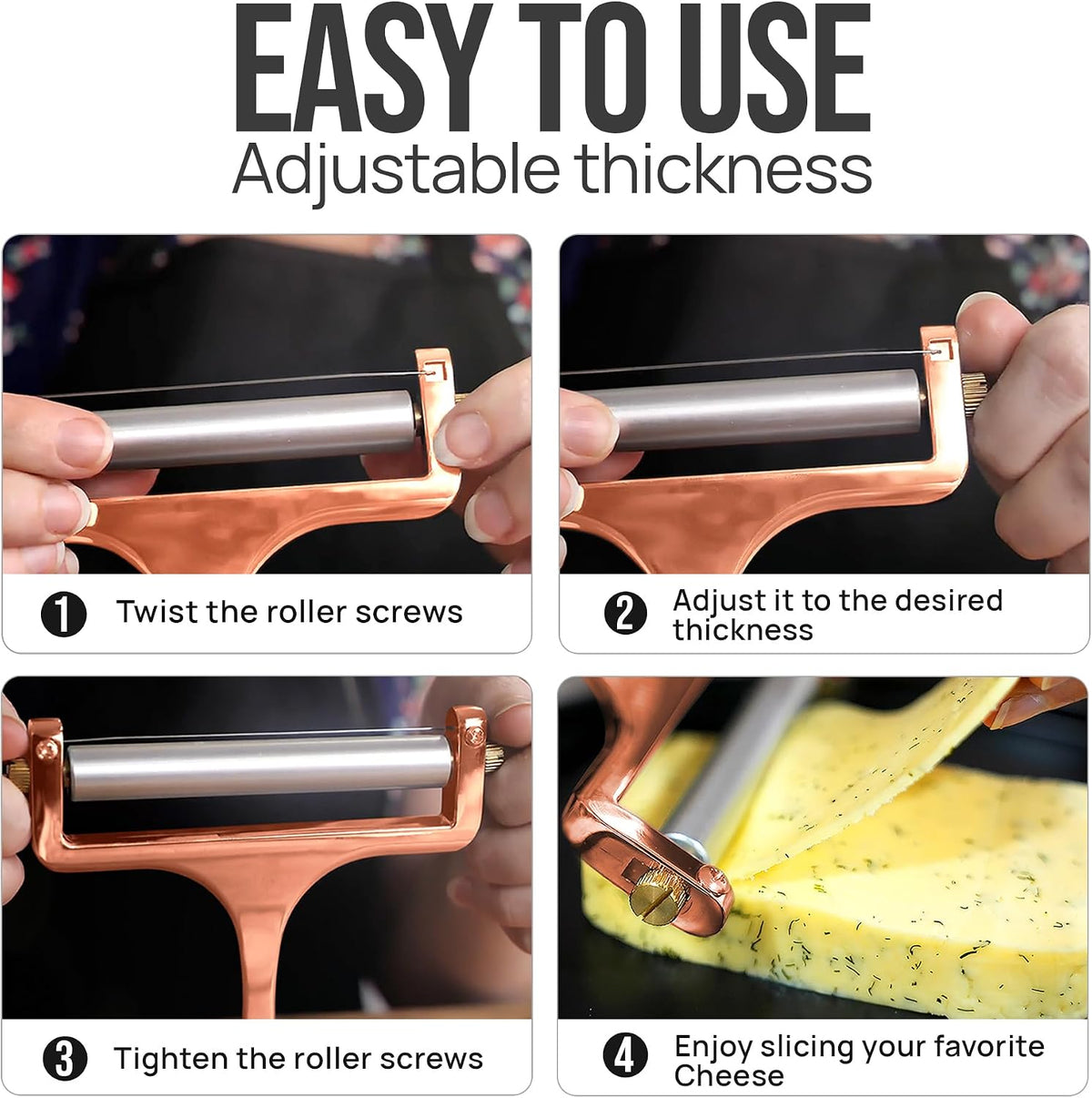 Stainless Steel Wire Cheese Slicer - Adjustable Hand Held Cheese Cutter with 2 Extra Wires - Premium Cheese Knife for Mozzarella, Cheddar, Gruyere - Cheese Cutter with Wire (Silver)