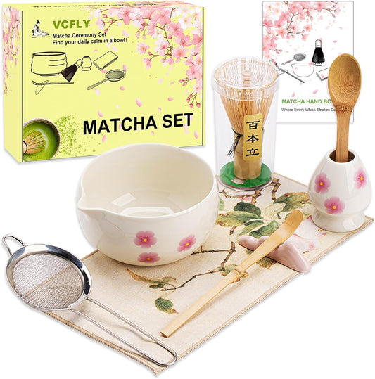 Matcha Whisk Set,8 Pcs Ceramic Matcha Set,Matcha Kit for Matcha Lovers,Tradition Tea Set Includes Bowl,Bamboo Whisk and Holder,Scoop,Sifter and Towel,Gift for Family and Friend (Cream)