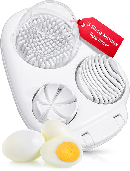Egg Slicer for Hard Boiled Eggs - 3 Slice Modes Egg Cutter, Heavy Duty, Stainless Steel Dicer - Kitchen Chopper Tool for Strawberry, Mushroom, Grape, Cherry Tomato - White