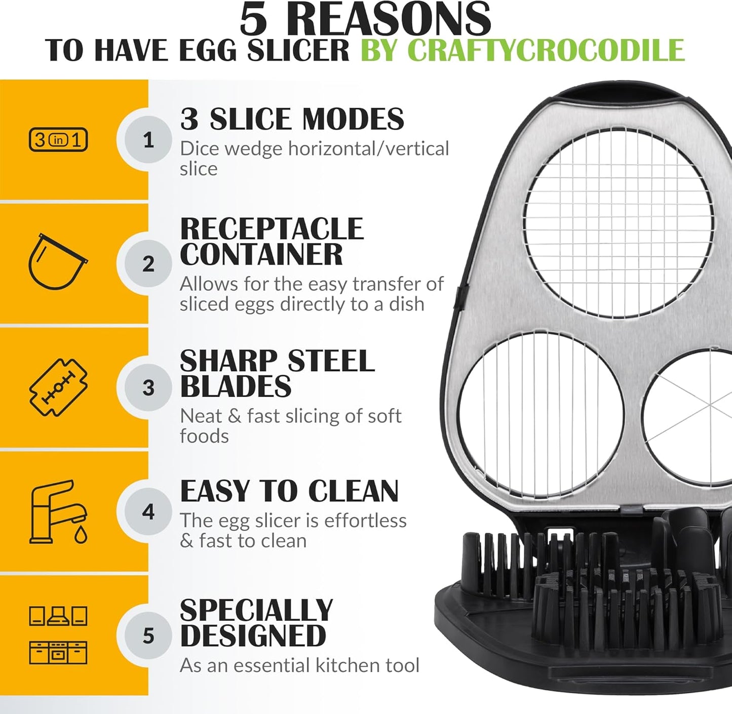 Egg Slicer for Hard Boiled Eggs - 3 Slice Modes Egg Cutter, Heavy Duty, Stainless Steel Dicer - Kitchen Chopper Tool for Strawberry, Mushroom, Grape, Cherry Tomato - White