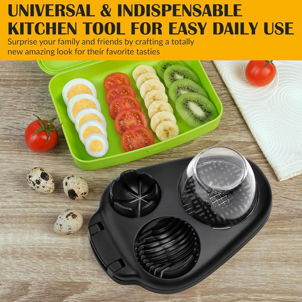 Egg Slicer for Hard Boiled Eggs - 3 Slice Modes Egg Cutter, Heavy Duty, Stainless Steel Dicer - Kitchen Chopper Tool for Strawberry, Mushroom, Grape, Cherry Tomato - White