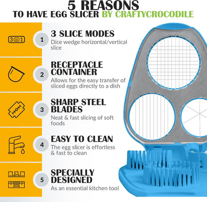 Egg Slicer for Hard Boiled Eggs - 3 Slice Modes Egg Cutter, Heavy Duty, Stainless Steel Dicer - Kitchen Chopper Tool for Strawberry, Mushroom, Grape, Cherry Tomato - White
