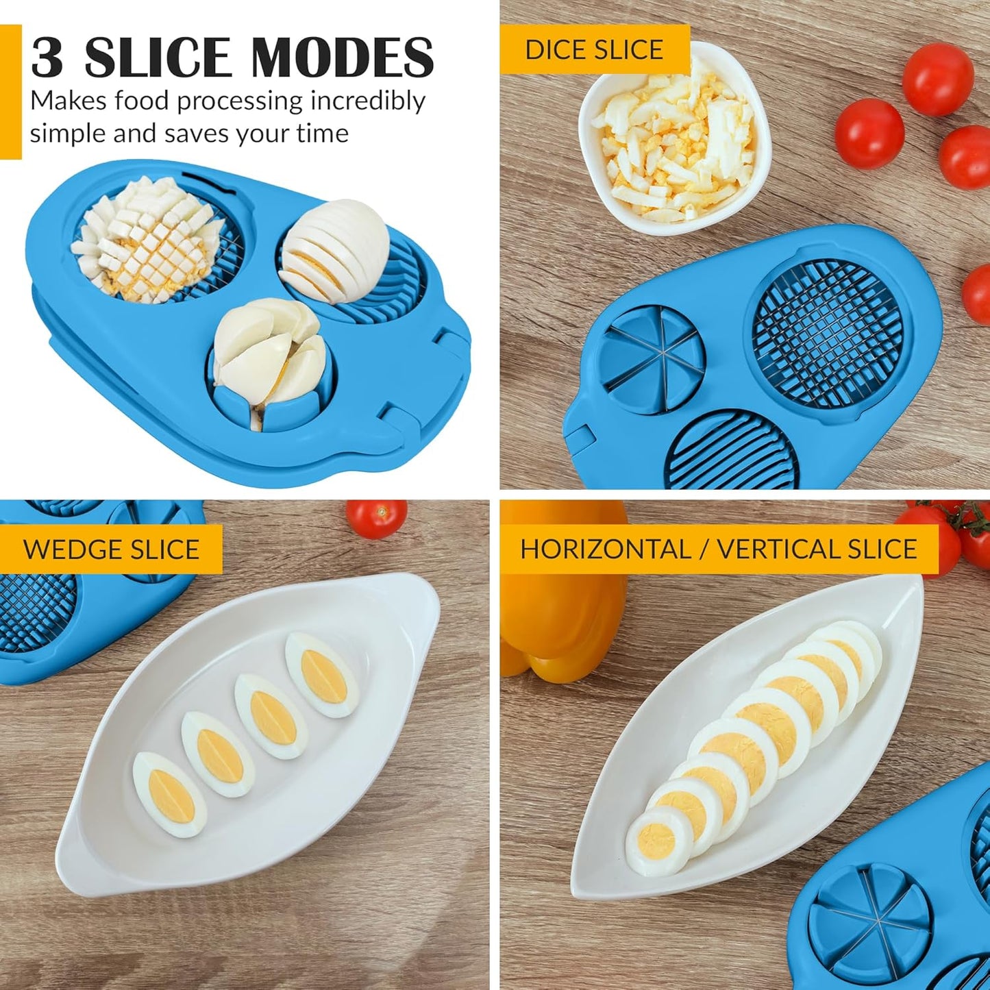 Egg Slicer for Hard Boiled Eggs - 3 Slice Modes Egg Cutter, Heavy Duty, Stainless Steel Dicer - Kitchen Chopper Tool for Strawberry, Mushroom, Grape, Cherry Tomato - White