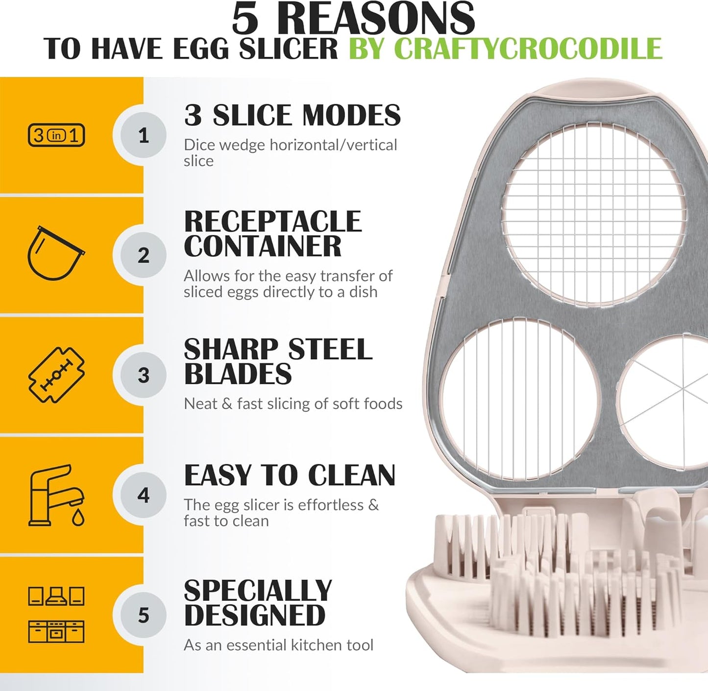 Egg Slicer for Hard Boiled Eggs - 3 Slice Modes Egg Cutter, Heavy Duty, Stainless Steel Dicer - Kitchen Chopper Tool for Strawberry, Mushroom, Grape, Cherry Tomato - White
