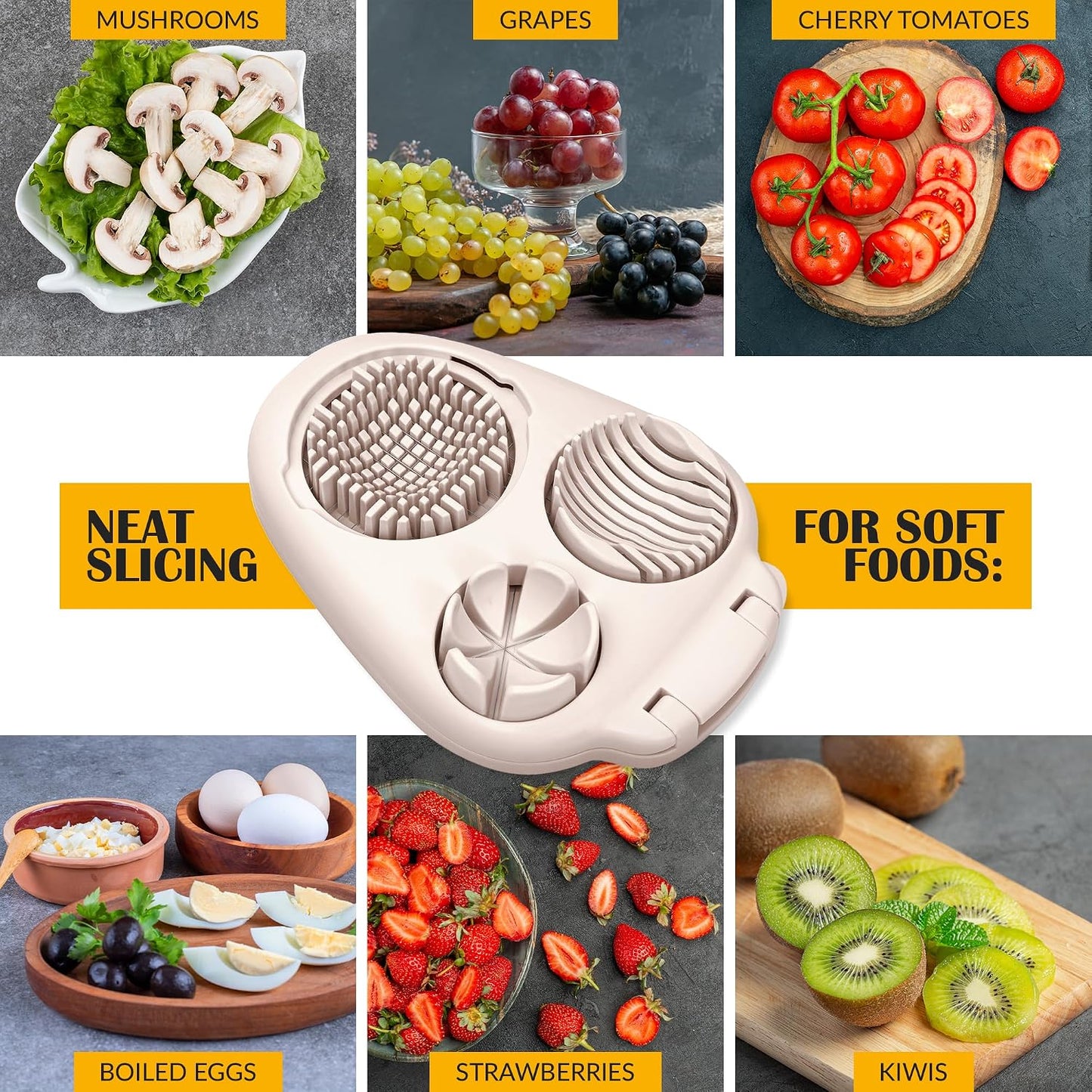 Egg Slicer for Hard Boiled Eggs - 3 Slice Modes Egg Cutter, Heavy Duty, Stainless Steel Dicer - Kitchen Chopper Tool for Strawberry, Mushroom, Grape, Cherry Tomato - White