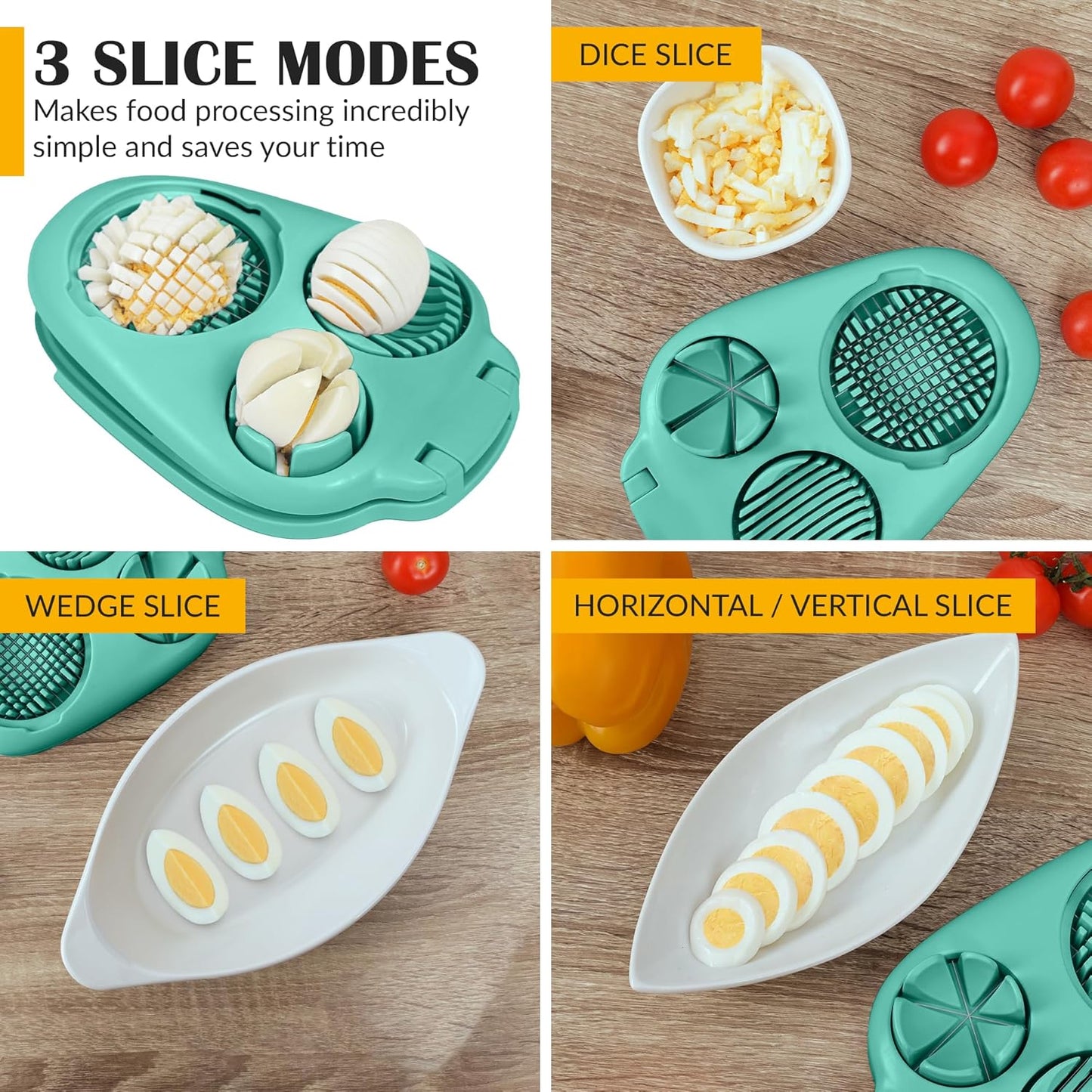 Egg Slicer for Hard Boiled Eggs - 3 Slice Modes Egg Cutter, Heavy Duty, Stainless Steel Dicer - Kitchen Chopper Tool for Strawberry, Mushroom, Grape, Cherry Tomato - White