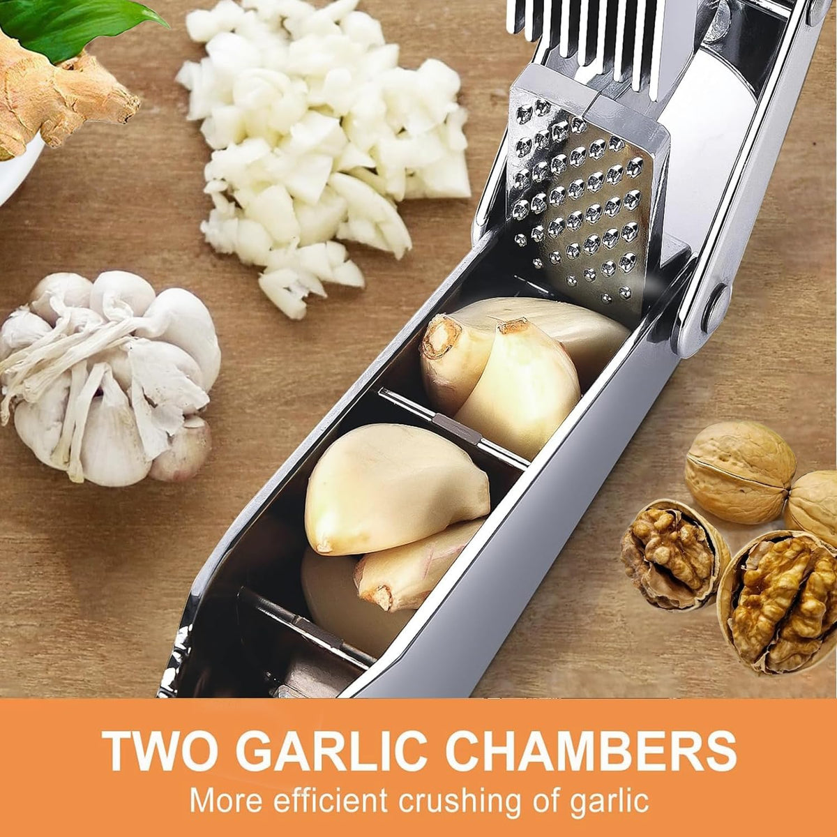 Garlic Press and Slicer 3 In 1, Food Grade Stainless Steel Garlic Mincer Chopper Crusher Garlic Press Kitchen Tool with Garlic Peeler Skin Remover and Clean Brush