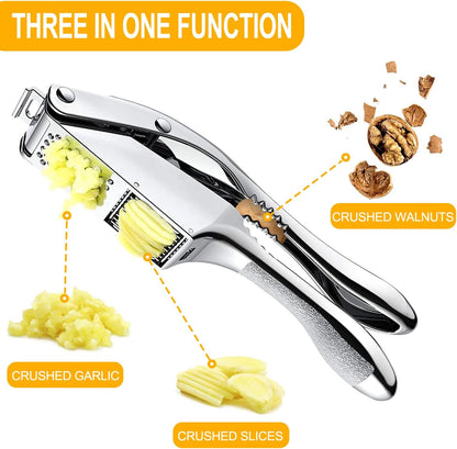 Garlic Press and Slicer 3 In 1, Food Grade Stainless Steel Garlic Mincer Chopper Crusher Garlic Press Kitchen Tool with Garlic Peeler Skin Remover and Clean Brush