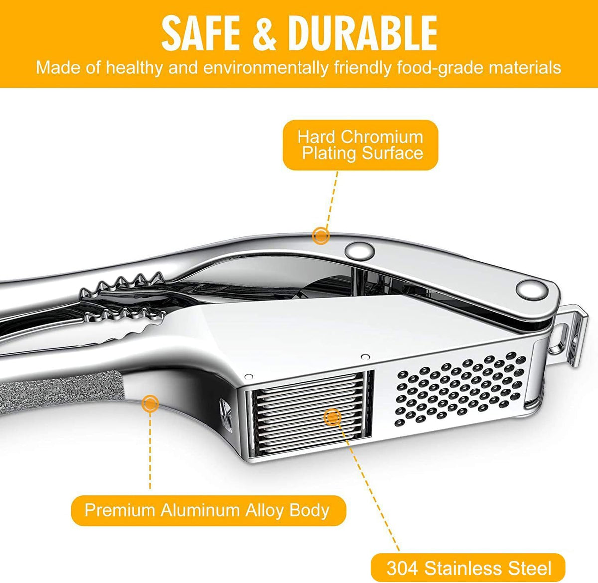 Garlic Press and Slicer 3 In 1, Food Grade Stainless Steel Garlic Mincer Chopper Crusher Garlic Press Kitchen Tool with Garlic Peeler Skin Remover and Clean Brush