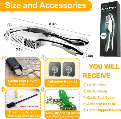 Garlic Press and Slicer 3 In 1, Food Grade Stainless Steel Garlic Mincer Chopper Crusher Garlic Press Kitchen Tool with Garlic Peeler Skin Remover and Clean Brush