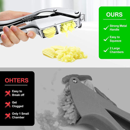 Garlic Press and Slicer 3 In 1, Food Grade Stainless Steel Garlic Mincer Chopper Crusher Garlic Press Kitchen Tool with Garlic Peeler Skin Remover and Clean Brush