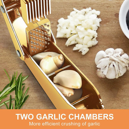 Garlic Press and Slicer 3 In 1, Food Grade Stainless Steel Garlic Mincer Chopper Crusher Garlic Press Kitchen Tool with Garlic Peeler Skin Remover and Clean Brush