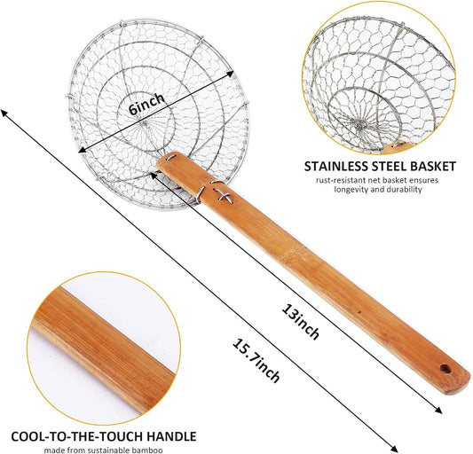Stainless Steel Spider Strainer Asian Kitchen Wire Food Cooking Skimmer With Natural Bamboo Handle, 6-Inch, Hand-Made