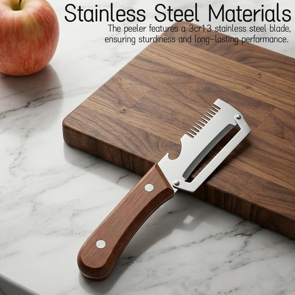 3 in 1 Vegetable Peeler for Kitchen with Wood Handles, Stainless Steel Blade and Bottle Opener - Multi-Functional Julienne Peeler for Fruit, Orange, Potato, Carrot, Green Onion