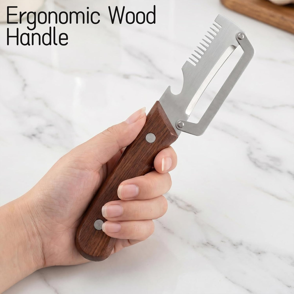 3 in 1 Vegetable Peeler for Kitchen with Wood Handles, Stainless Steel Blade and Bottle Opener - Multi-Functional Julienne Peeler for Fruit, Orange, Potato, Carrot, Green Onion